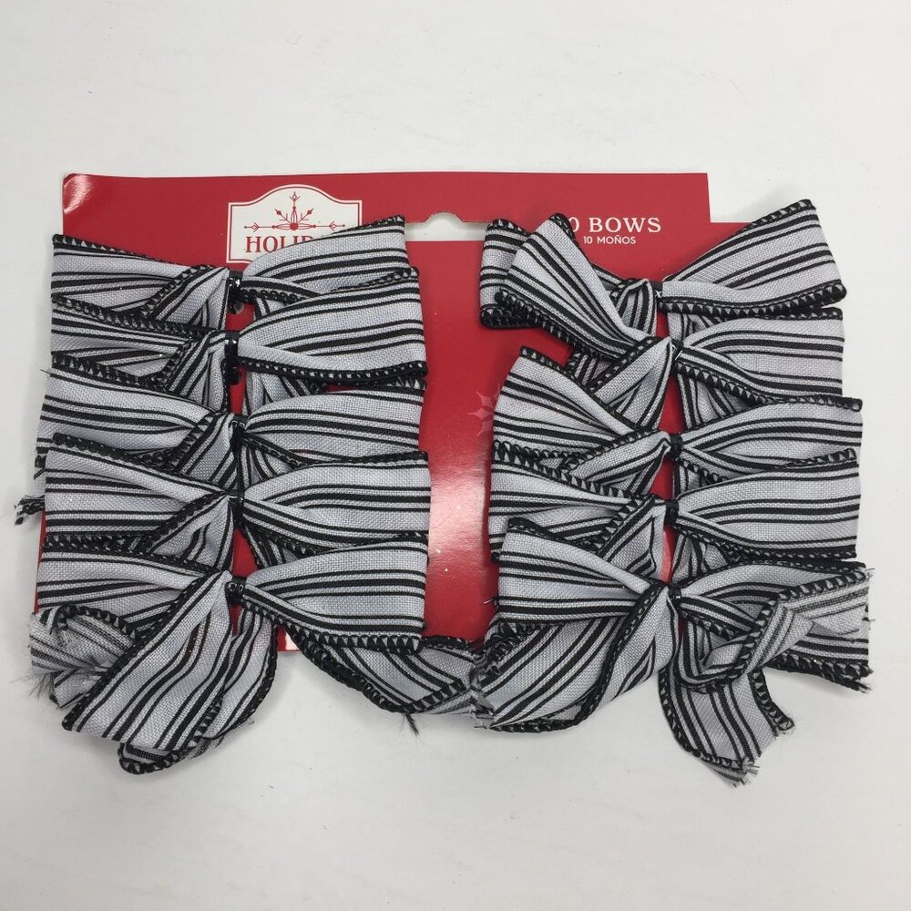 Holiday Time 10 Black & White Striped Christmas Bows Twist Tie
